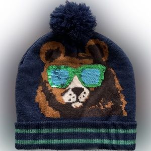 Cat & Jack Target Bear In Reversible Sequin Sunglasses Pom Pom Winter Beanie Hat
